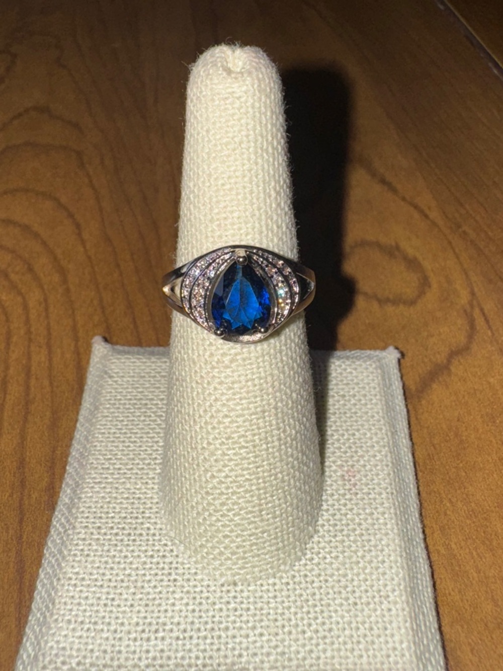 Elegant White Gold Filled Blue Sapphire CZ Teardrop Ring with Clear CZ Accents